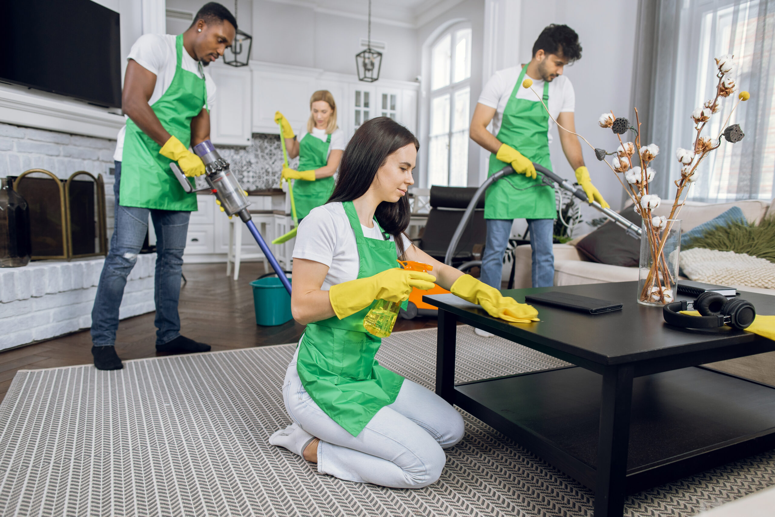 Group of mixed race people in green apron and yellow gloves vacuuming carpet, wiping furniture and washing floor. Team of cleaners providing professional service for customer.